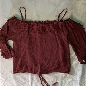 Burgundy embroidered off the shoulder crop top
